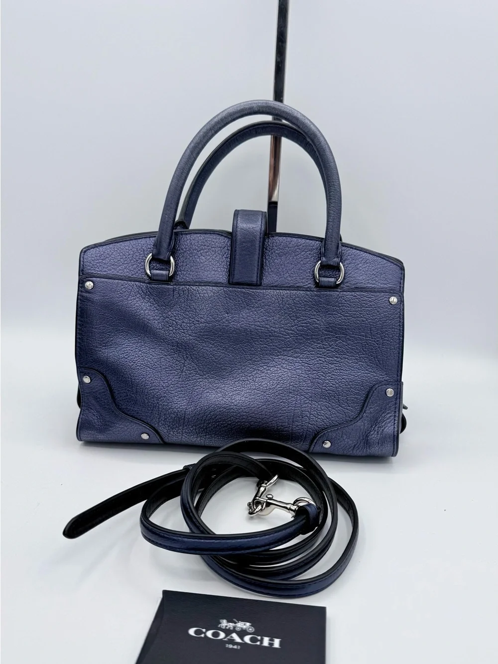 Coach Mercer 24 Satchel Metallic Navy Pebbled Leather Crossbody